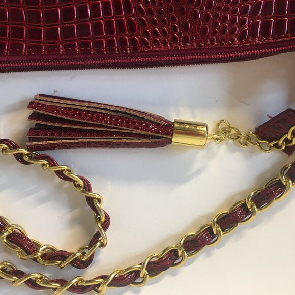 Purse Vecceli Italy Crocodile Print Handbag Gold Chain Handle Faux Burgundy Red - Picture 6 of 11